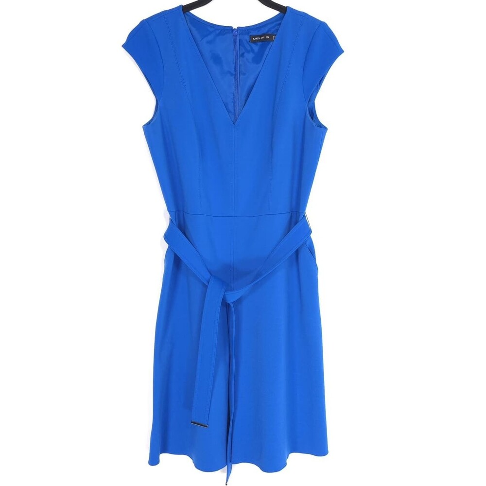 KAREN MILLEN New Dress Knee‎ Length Blue Belted US 10 Sleeveless Casual V-Neck